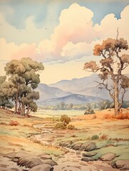 Fototapeta na wymiar Pastoral Scene Watercolors: Vintage Landscape of Pastoral Beauty
