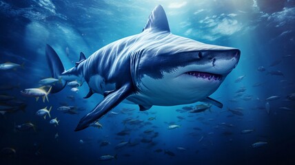 Naklejka premium Powerful Shark Displaying Sharp Teeth in Aggressive Stance - AI-Generative