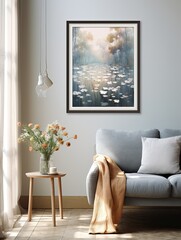 Peaceful Riverside Reflections: Vintage Art Print of Waterside Wildflowers and Calm Waters with Casting Shadows