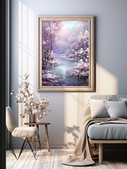 Peaceful Riverside Reflections: Vintage Art Print of Waterside Wildflowers and Calm Waters with Shadows
