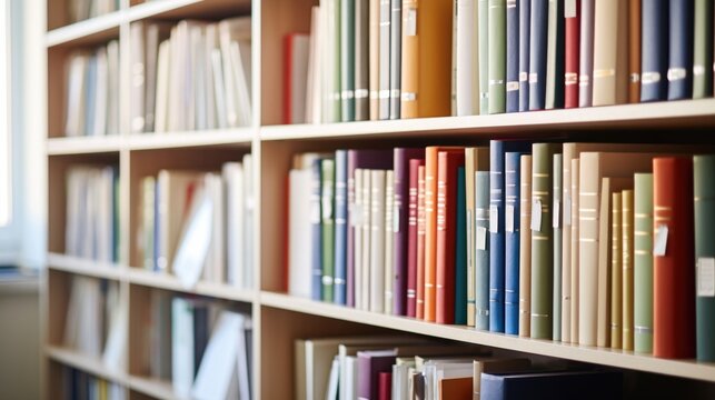 Closeup of a neatly arranged bookshelf, filled with reference books and folders for keeping important documents in a home office.