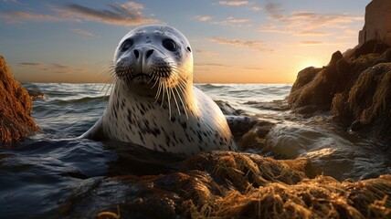 Graceful Grey Seal Surfacing in Ocean Waters on Rocky Beach with Elegance and Presence - AI-Generative - obrazy, fototapety, plakaty