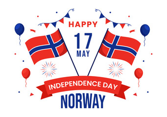 Norway Independence Day Vector Illustration on May 17 with Flag of Norwegian and Ribbon in National Holiday Celebration Flat Cartoon Background