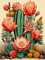 Retro Blooming Cactus Designs: Vintage Art Print Depicting the Harmony of Desert Life