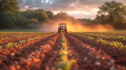 Bountiful Harvest Preparation as a Modern Tractor Plows Through a Field at Sunset. 