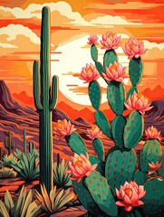 Retro Blooming Cactus Designs: Vibrant Desert Flora Wall Art