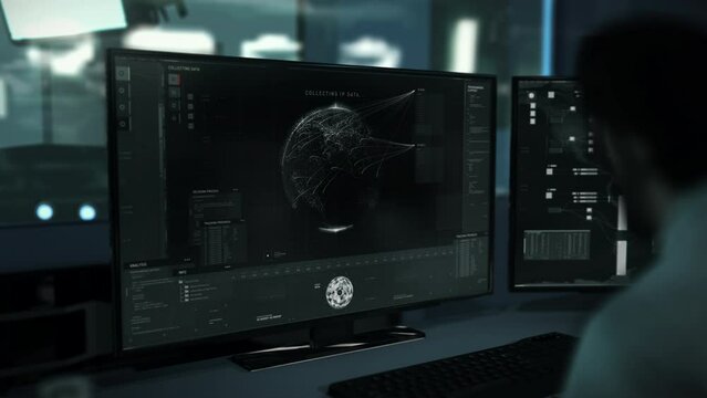 Spy Agent Uses High Tech AI Surveillance To Locate Phantom Organisation Headquarters. AI Marks Location Of Secret Phantom Military Base. Phantom AI Scanner System. Location Analysis. Threat Detection