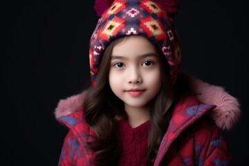 Portrait of a beautiful little asian girl in winter clothes.