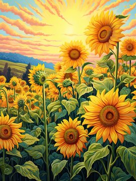 Retro Sunflower Art Prints: Vintage Style Sunlit Field Painting