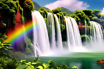 Nature's Beauty: A Fantastic Landscape with Waterfalls and Rainbows generative ai