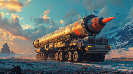a military vehicle carrying a large rocket - obrazy, fototapety, plakaty