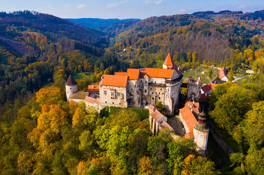Above view of medieval castle Pernstein. South Moravian region. Czech Republic