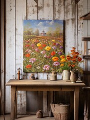Fototapeta na wymiar Heritage Wildflower Field Paintings: Rustic Barnyard Wall Art Exuding Vintage Beauty in Rural Settings