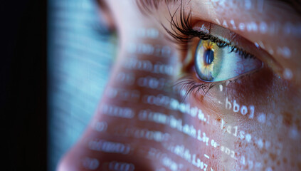a person's eye looking at a computer screen with programming code on screen - obrazy, fototapety, plakaty