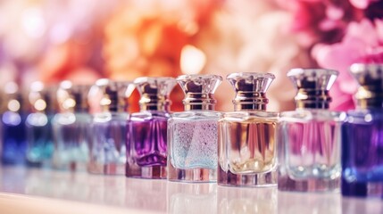 Closeup of a row of different scented perfumes, each one promising a different level of alluring fragrance.