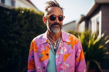 Portrait of a handsome middle-aged man with a beard and mustache wearing a colorful shirt and sunglasses.