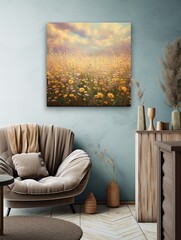 Textured Canvas Print Decor | Rustic Wildflower Fields Painting | Vintage Aesthetics with Modern Texture