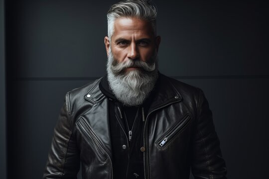 Portrait of a stylish bearded man in a leather jacket. Men's beauty, fashion.