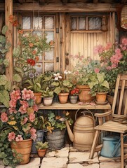 Fototapeta na wymiar Time-Worn Garden Illustrations: Vintage Floral Scenes for Cottage Decor