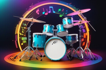 drum-set-encased-within-a-circle-surrounded-by-an-array-of-colorful-musical-notes-frontal-angle-to. - obrazy, fototapety, plakaty