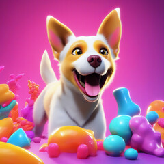 Fototapeta na wymiar 3D dog on a colorful background. Playful image created by AI.