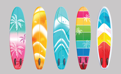 Summer surfboard element vector set design. Surfboard collection in colorful pattern and prints decoration for surfing activity. Vector illustration summer surfboard collection.
