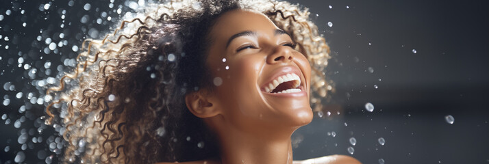 Obraz premium Happy woman with curly hair laughing in a shower of water drops, feeling refreshed and joyful AI Generative