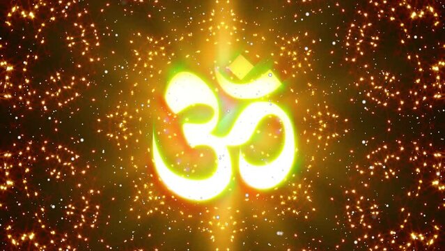 Brightly glowing Om symbol with Kaleidoscopic Particle effect