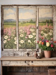 Fototapeta na wymiar Vintage Countryside Print: Wildflower Field Landscape Oil Painting | Rustic Wall Art
