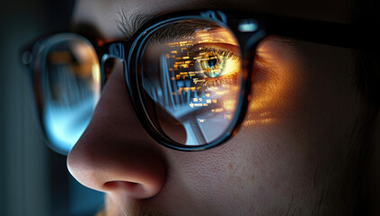 a person's eye looking at a computer screen with programming code on screen