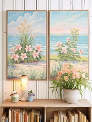 Vintage Oceanfront Canvases: Captivating Beachside Wildflower Landscape in Vintage Art