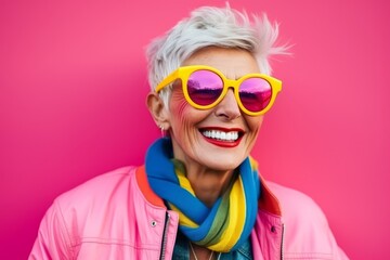 Portrait of a happy senior woman in pink jacket and colorful scarf