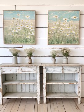 Vintage Oceanfront Canvases: Coastal Farmhouse Wildflower Paintings