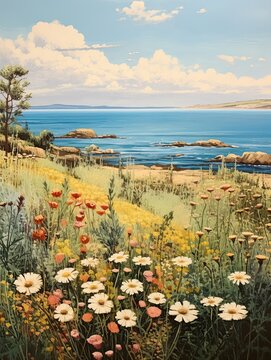 Vintage Oceanfront Canvases: Coastal Landscape featuring a Breathtaking Wildflower Field