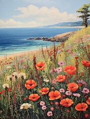 Vintage Oceanfront Canvases: Wildflower Field by the Sea - Exquisite Vintage Art Print