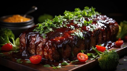 delicious meatloaf with vegetable topping, black and blurred background