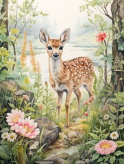 Woodland Wildlife Sketches: Vintage Painting Techniques Unveiling the Serenity of Wildflower Fields with Forest Creatures