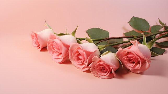 Pink roses placed on a plain pink background, can be used for greeting cards, postcards, poster designs