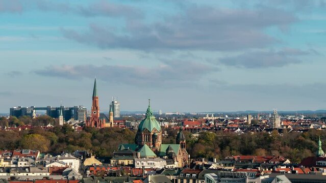 Munich's Gothic Skyline Aerial Timelapse on Partly Cloudy Day