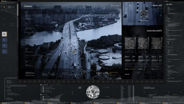 Military software broadcasting the Spy drone camera on a screen. Modern Spy drone is flying above the bridge in a big city. Spy drone has detected the suspects vehicle on the road. Tracking. UI.