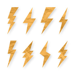 Lightning bolt, crumpled paper texture, cardboard. Flash symbol, thunderbolt. Simple lightning strike sign. Vector illustration