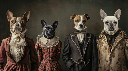 Group of animals in fashionable clothes on Solid background.