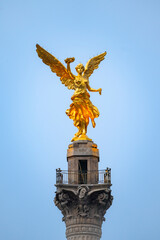 The Angel of Independence statue placed on Promenade of the Reform in Mexico city between tall skyscrapers against midday