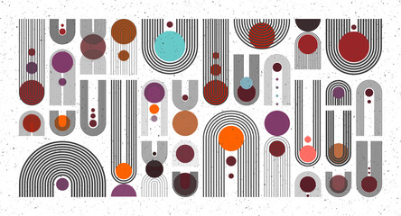 Mid century arch, circle elements, modern geometric shapes with grunge texture. Contemporary design, minimalist art. Trendy design elements for wall decor, posters, books, covers. Vector illustration