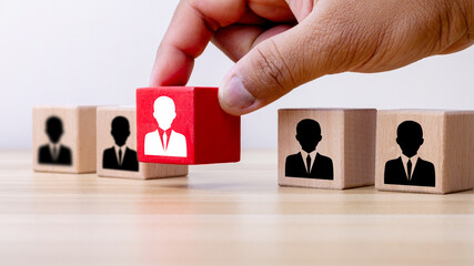 Wooden cubes with businessman icon on white background, Organisation structure, social network,...