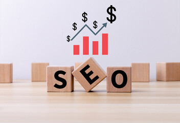 SEO text on block cubes lined vertically, website or search engine optimization idea, wooden block cubes with SEO text, banner design.