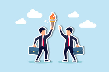 Successor plan, baton pass or transfer to new chosen leader, change new CEO or collaboration to achieve goal and win business competition concept, smart businessman leader passing torch to successor.