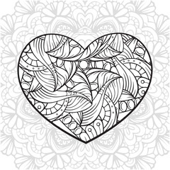 Valentine's Day heart shape mandala. Lovely intricate antistress coloring page.