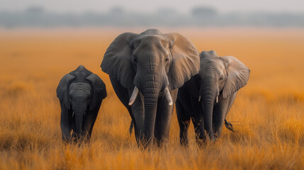 Majestic Elephants Grazing at Dusk in the Serene African Savanna