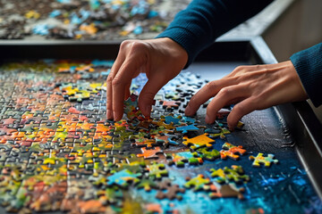 Putting together a jigsaw puzzle, a person puts together a puzzle. - obrazy, fototapety, plakaty